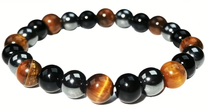 Bracelet de pierres naturelles, perles noires et brun doré